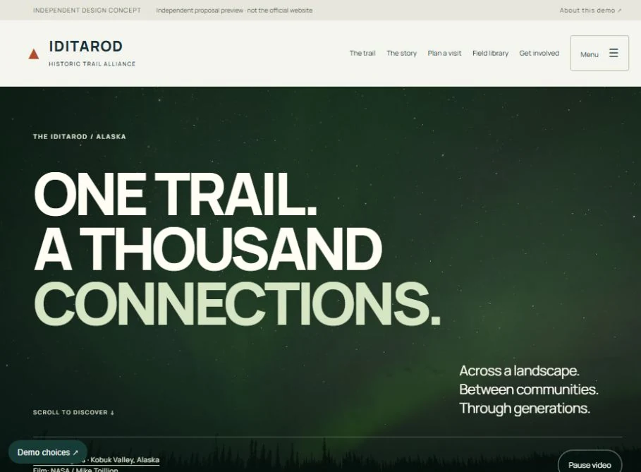Homepage screenshot of the The Iditarod trail website concept